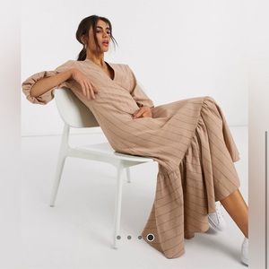 ASOS Premium Casual self stripe plunge maxi dress puff sleeve